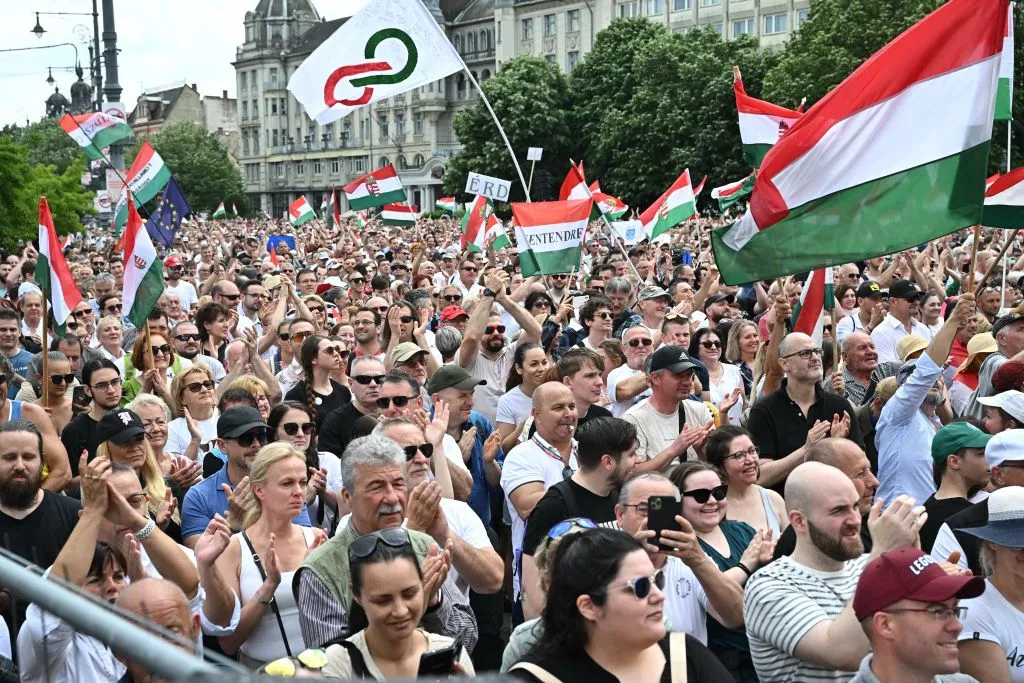 A rally of 'TISZA' (Respect and Freedom) party, in Debrecen,&nbsp;Hungary, on May 5.
