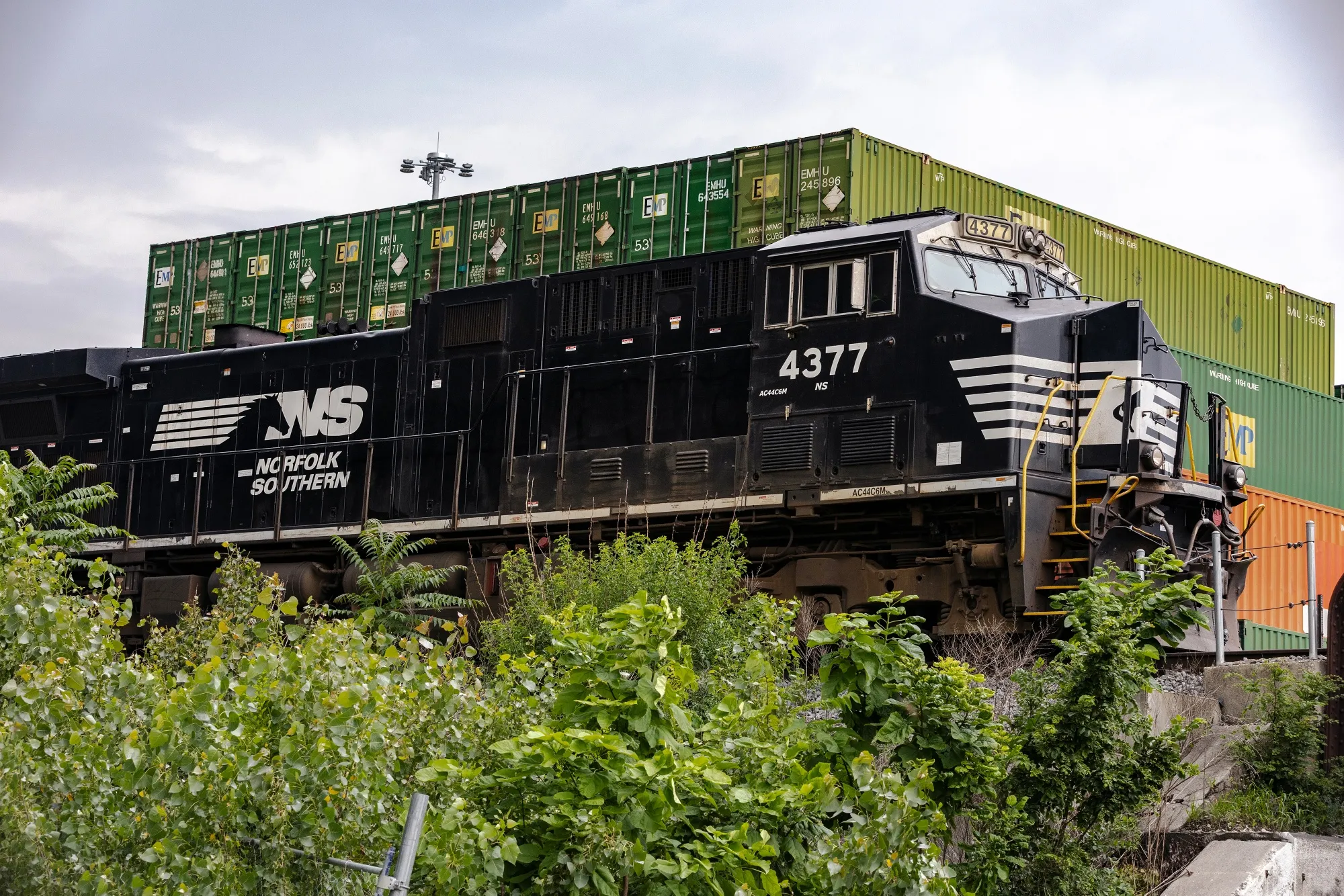 A Norfolk Southern locomotive at a rail yard in Chicago, Illinois.