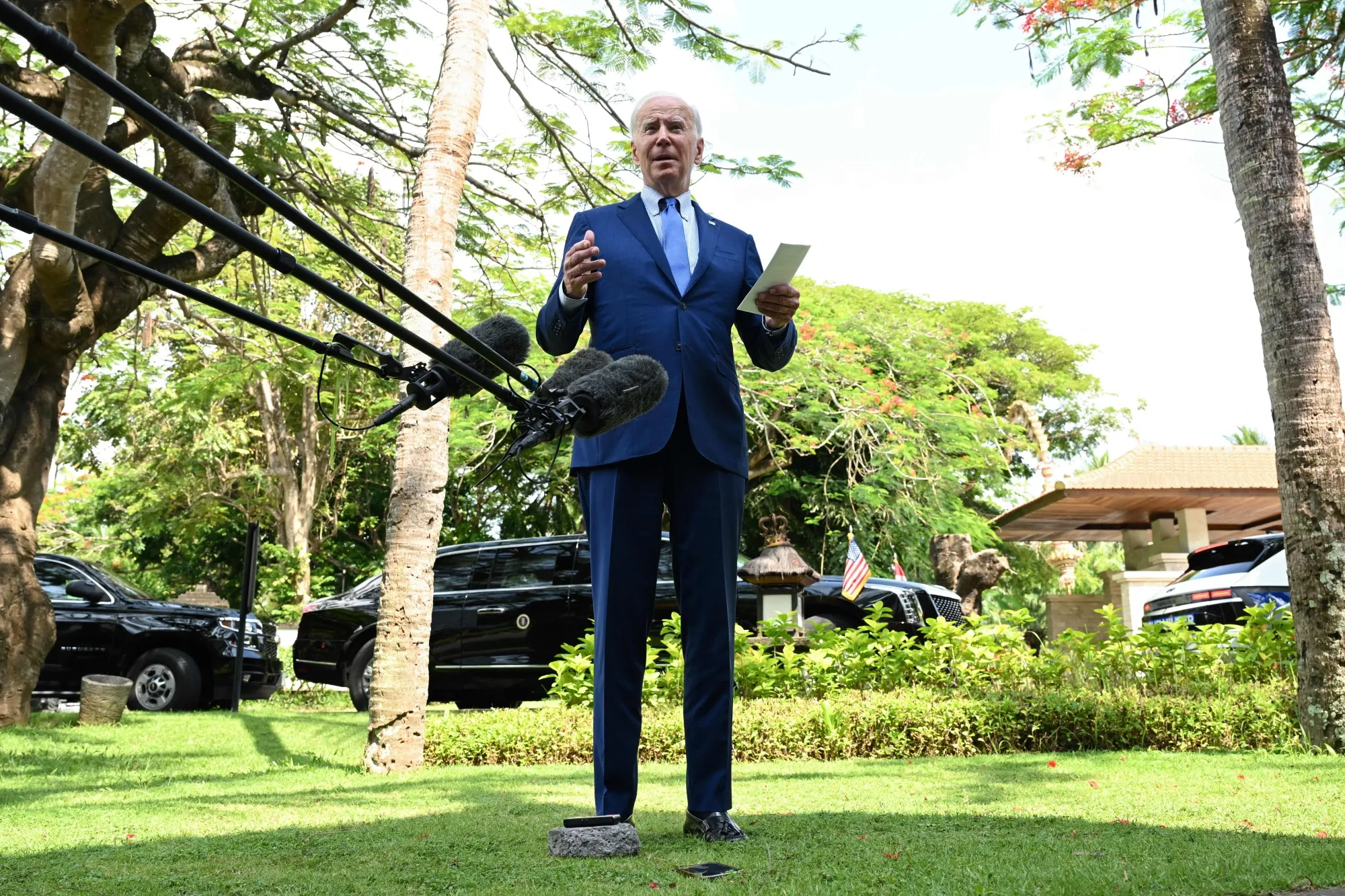 Joe Biden speaks about the situation in Poland, following a meeting with G7 and European leaders, in Bali, on Nov. 16.