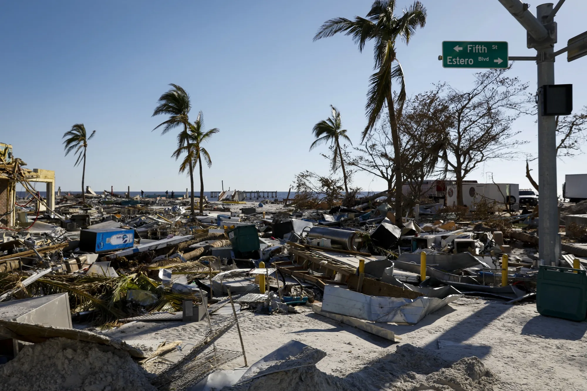 Debris from shops and restaurants following Hurricane Ian in Fort Myers Beach, Florida in 2022.