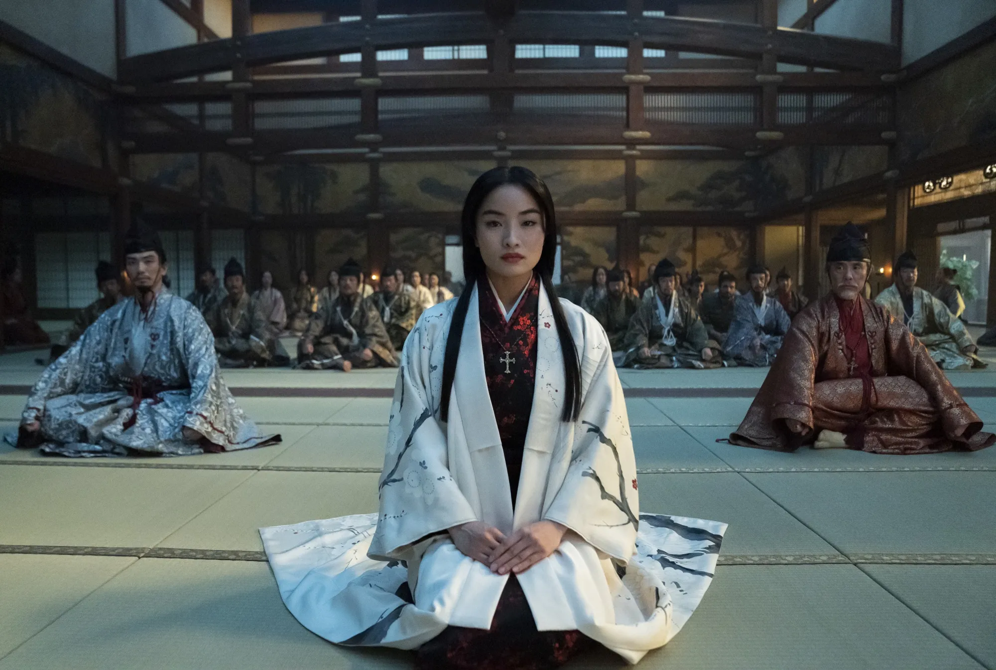 Eita Okuno as Saeki Nobutatsu, Anna Sawai as Toda Mariko and&nbsp;Hiromoto Ida as Kiyama Ukon Sadanaga in Shogun.&nbsp;