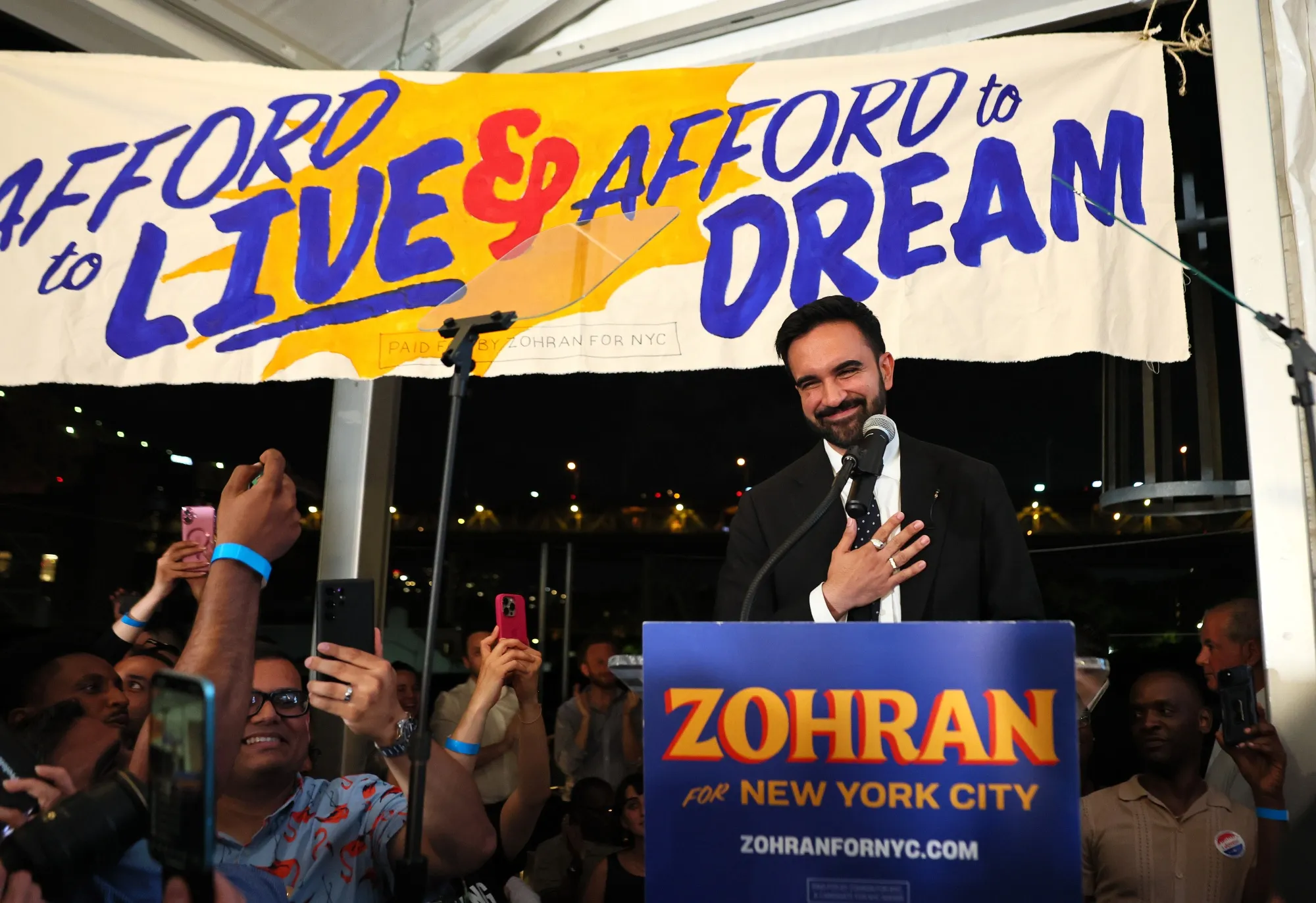 New York mayor-elect&nbsp;Zohran Mamdani&nbsp;speaks to supporters during an election night gathering in Queens, New York.&nbsp;