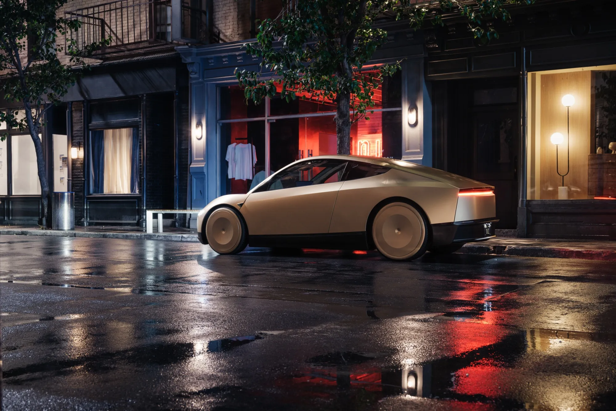 A prototype of the Tesla Inc. Cybercab autonomous vehicle.