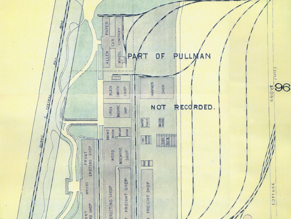A historic map of the northern half of Chicago's Pullman district. 