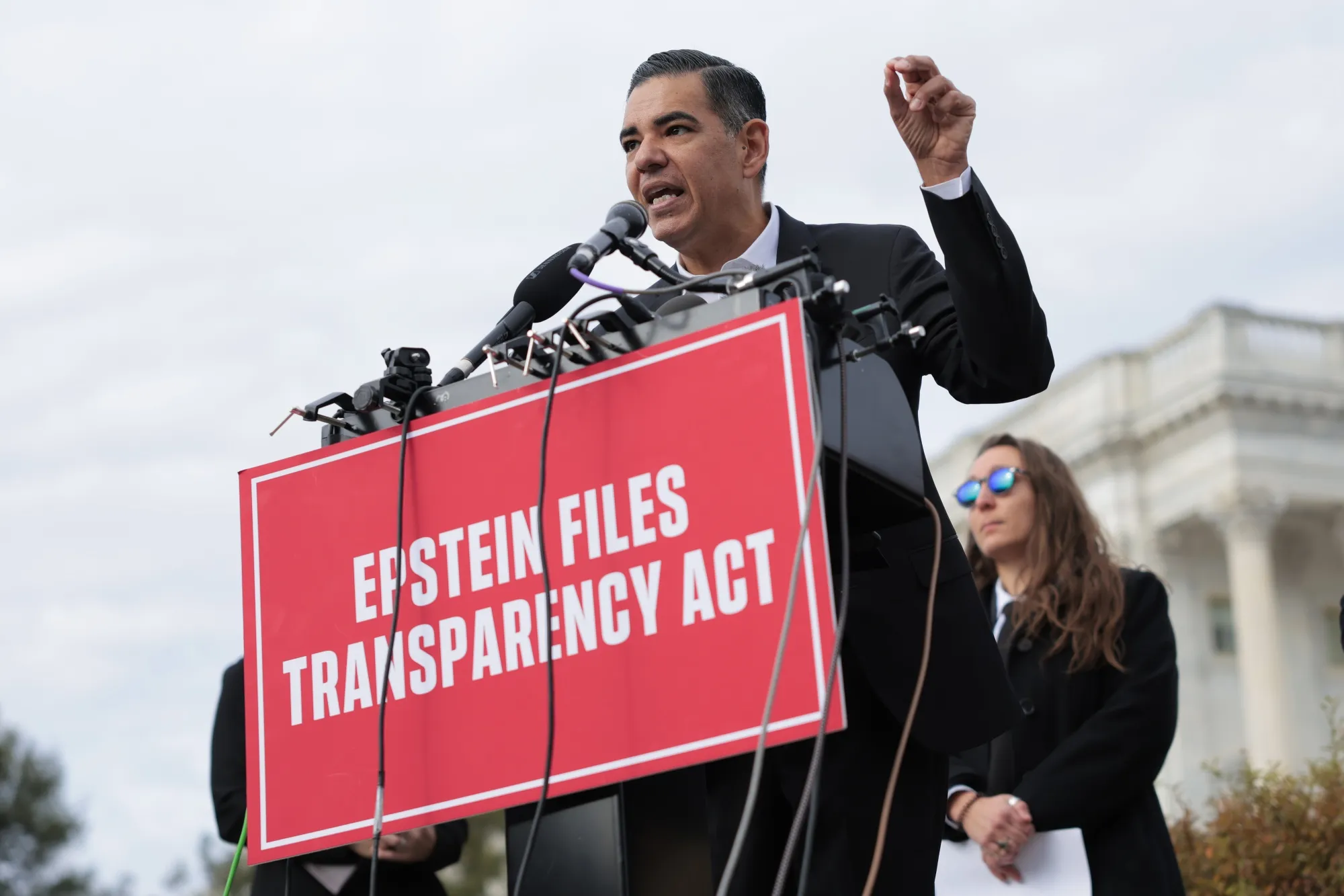 Representative Robert Garcia speaks during a news conference on the "Epstein Files" outside the U.S. Capitol in Washington on Nov. 18.&nbsp;