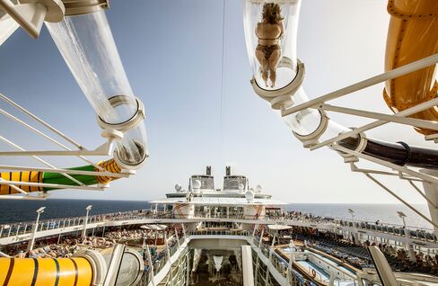 A trio of waterslides collectively called the Perfect Storm look out over the ship's Central Park and pool decks.