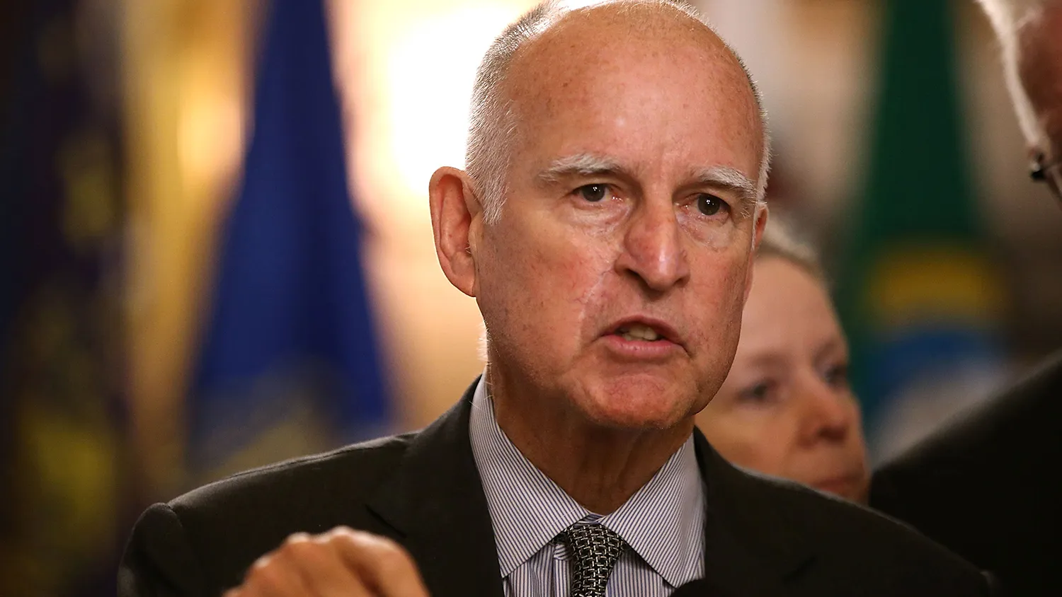 California Gov. Jerry Brown speaks during a bill signing event at the Leland Stanford Mansion on May 19, 2015 in Sacramento, California.
