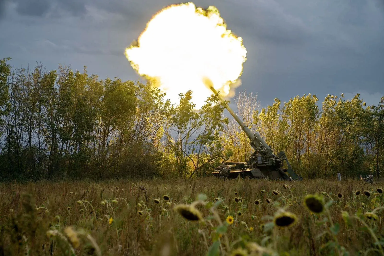 Ukrainian artillery fires on Russian positions at an undisclosed location in Ukraine.