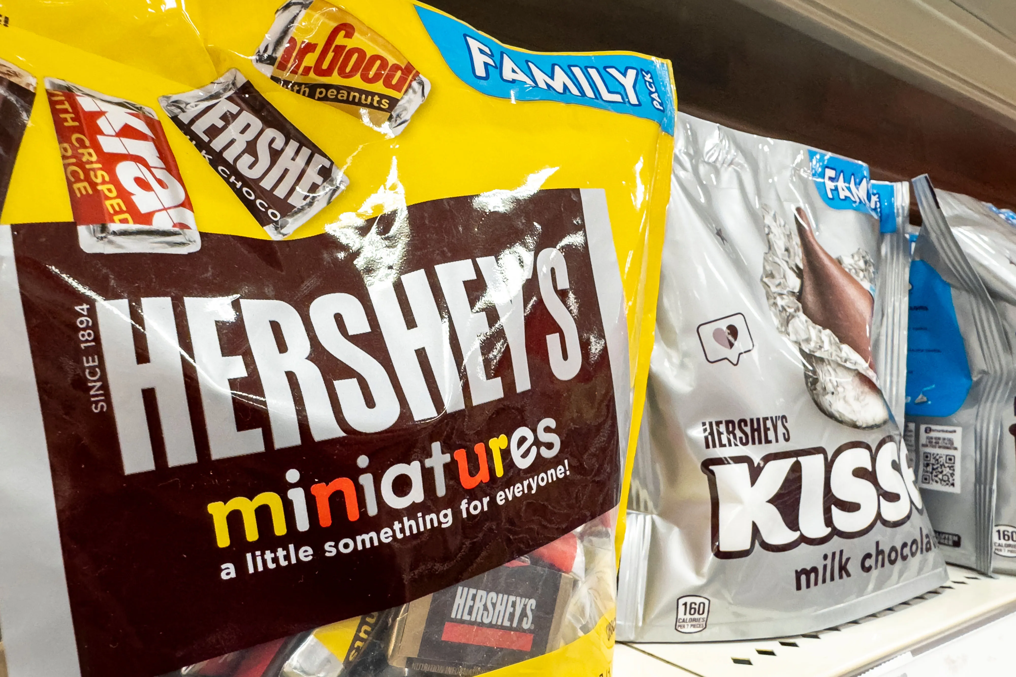 Hershey's Miniatures chocolates and Hershey's Kisses chocolates at a store in Pinole, California.