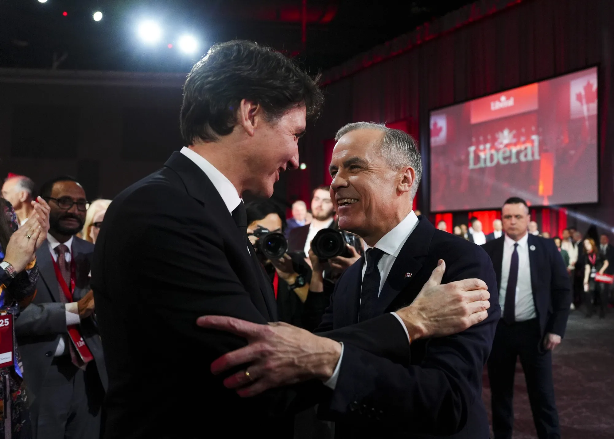 Justin Trudeau and Mark Carney speak&nbsp;after Carney was announced as the winner of the party leadership at the announcement event in Ottawa, Ontario, on March 9.