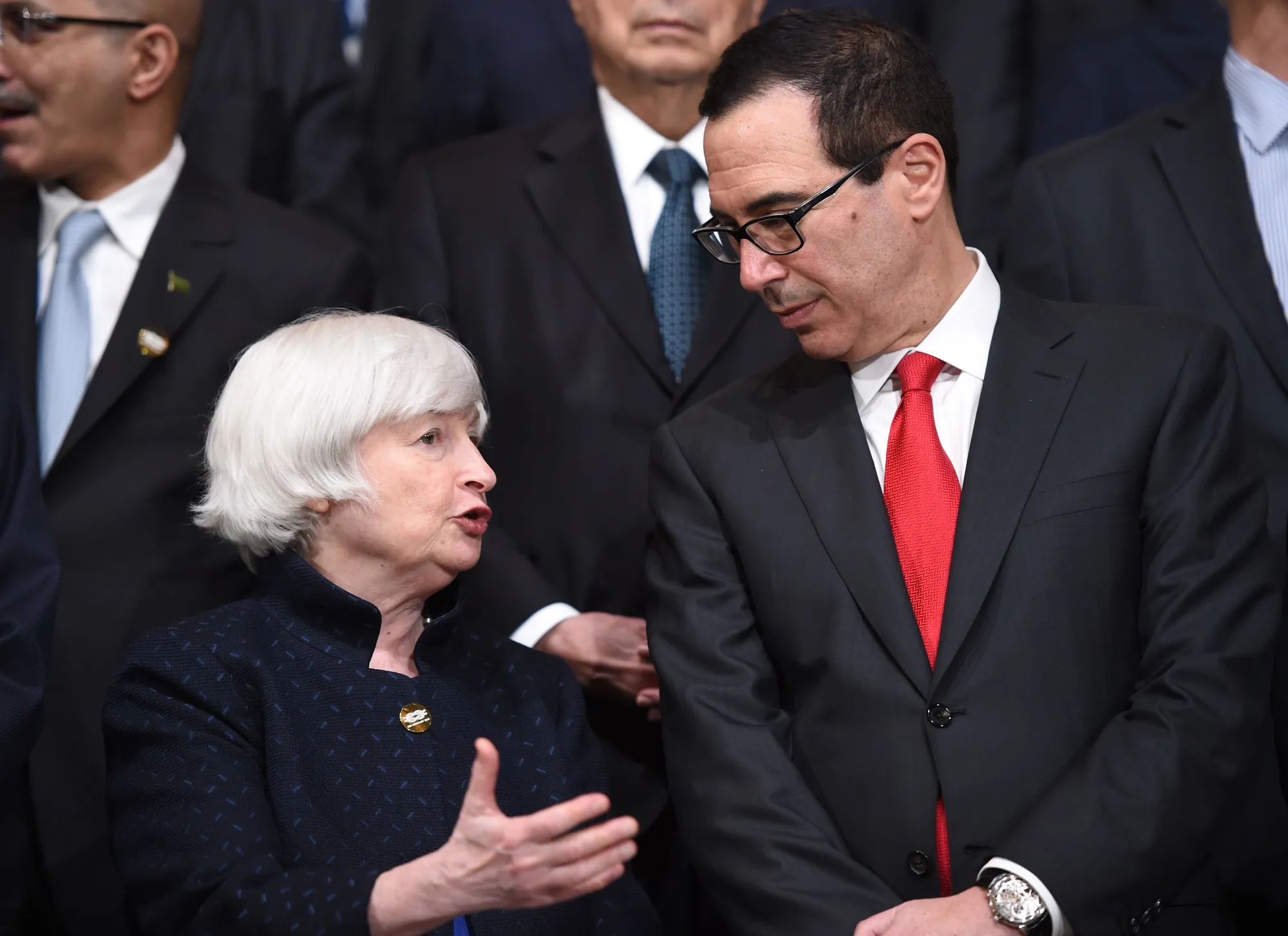 Janet Yellen (L) and Steven Mnuchin both had the opportunity to use low rates to term out US debt.&nbsp;