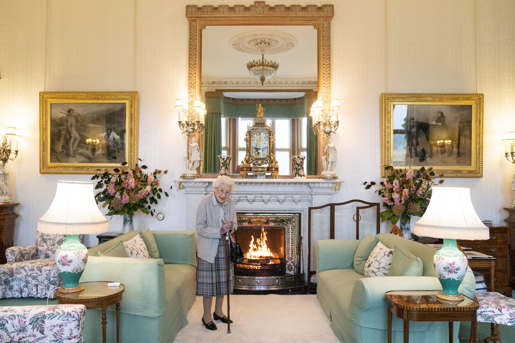 Queen Elizabeth II waits in the Drawing Room before receiving Liz Truss for an audience at Balmoral, Scotland, on Sept. 6.