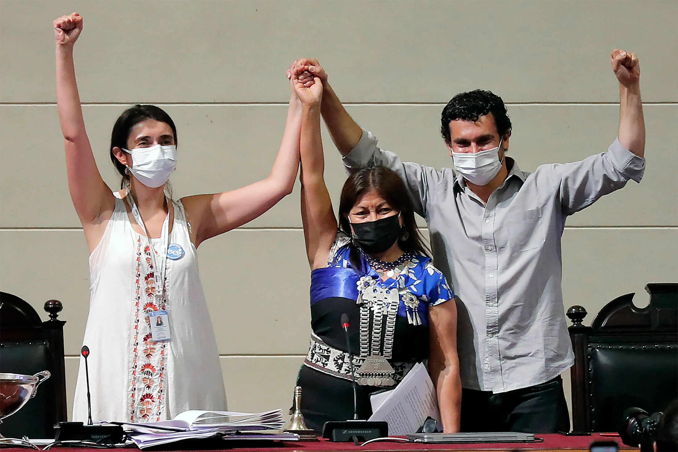 Constituent Maria Elisa Quinteros, left,&nbsp;celebrates with Elisa Loncon, center,&nbsp;and Jaime Bassa after being elected as president of the Constitutional Convention&nbsp;in Santiago, on Jan. 5.