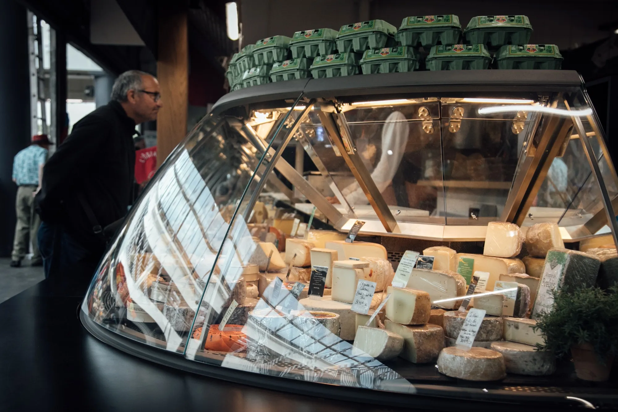 Cheese and eggs on sale at a stall&nbsp;in Bordeaux, France.