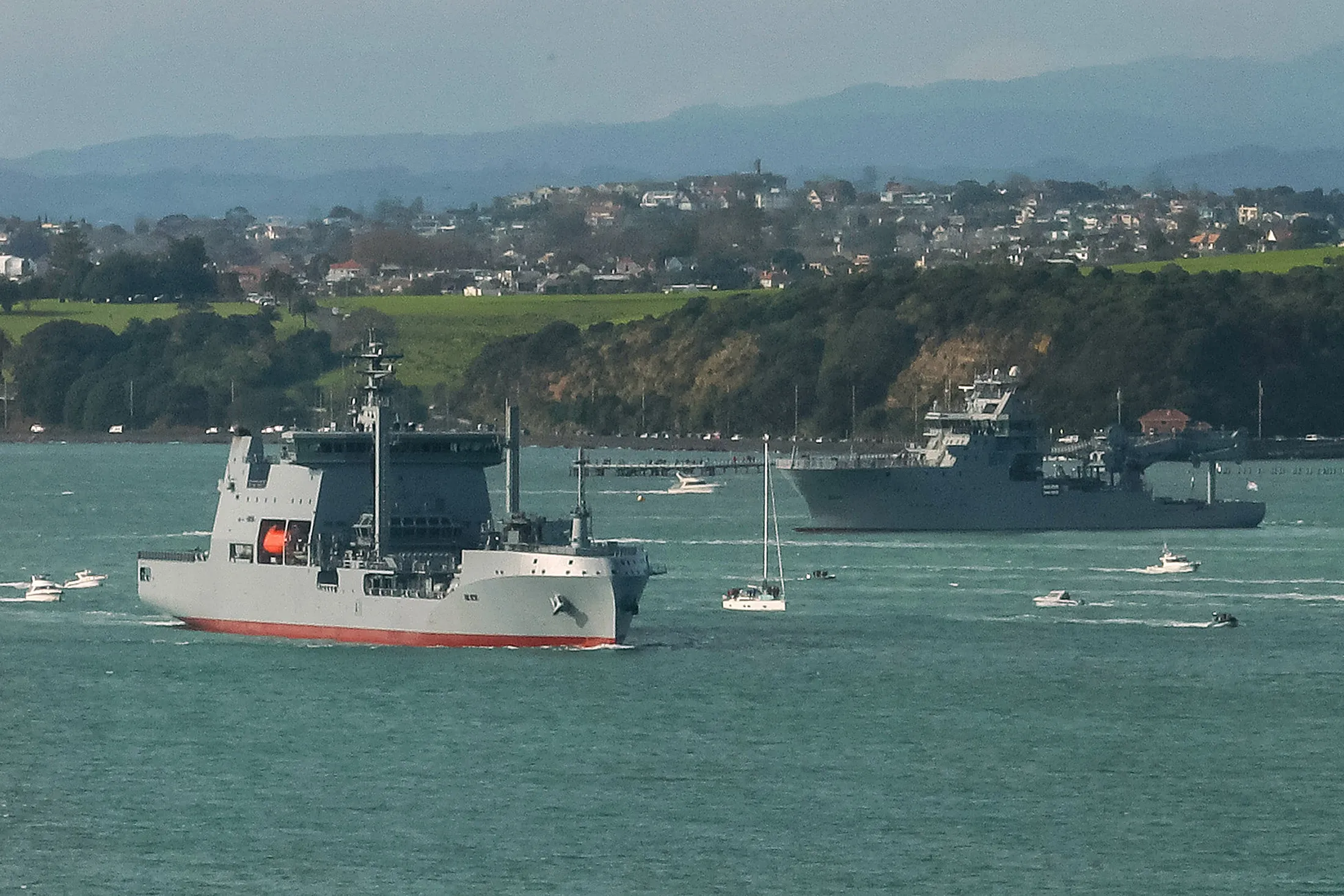The HMNZS Aotearoa&nbsp;in the harbor at&nbsp;Auckland, New Zealand.