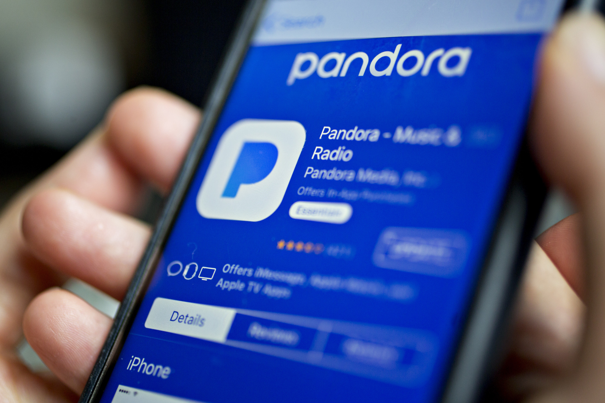 The Pandora Media Inc. application is seen in the App Store on an Apple Inc. iPhone in an arranged photograph taken in Washington, D.C., U.S., on Friday, May 5, 2017. Pandora is scheduled to release first-quarter earnings figures on May 8.