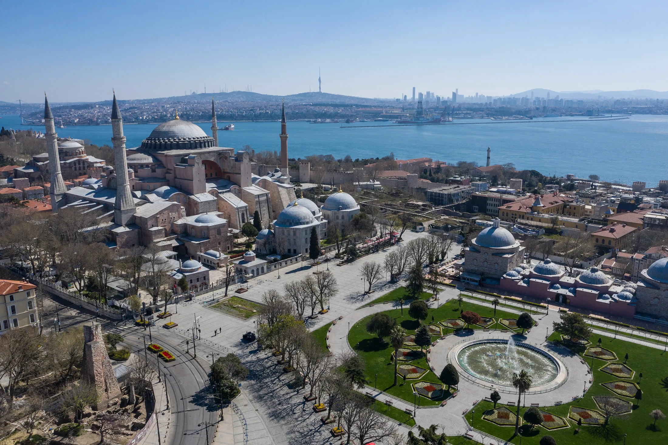 The Hagia Sophia and surrounding area stand&nbsp;empty during a two-day lockdown imposed to prevent the spread of Covid-19 in Istanbul on April 11.