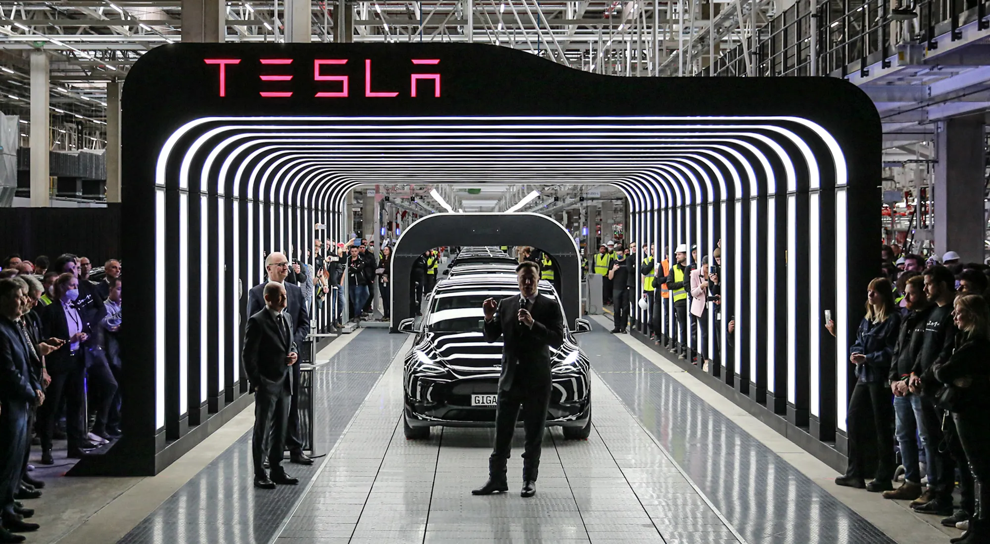 Tesla CEO Elon Musk speaks during the official opening of the company’s new&nbsp;car manufacturing plant in Gruenheide, Germany.