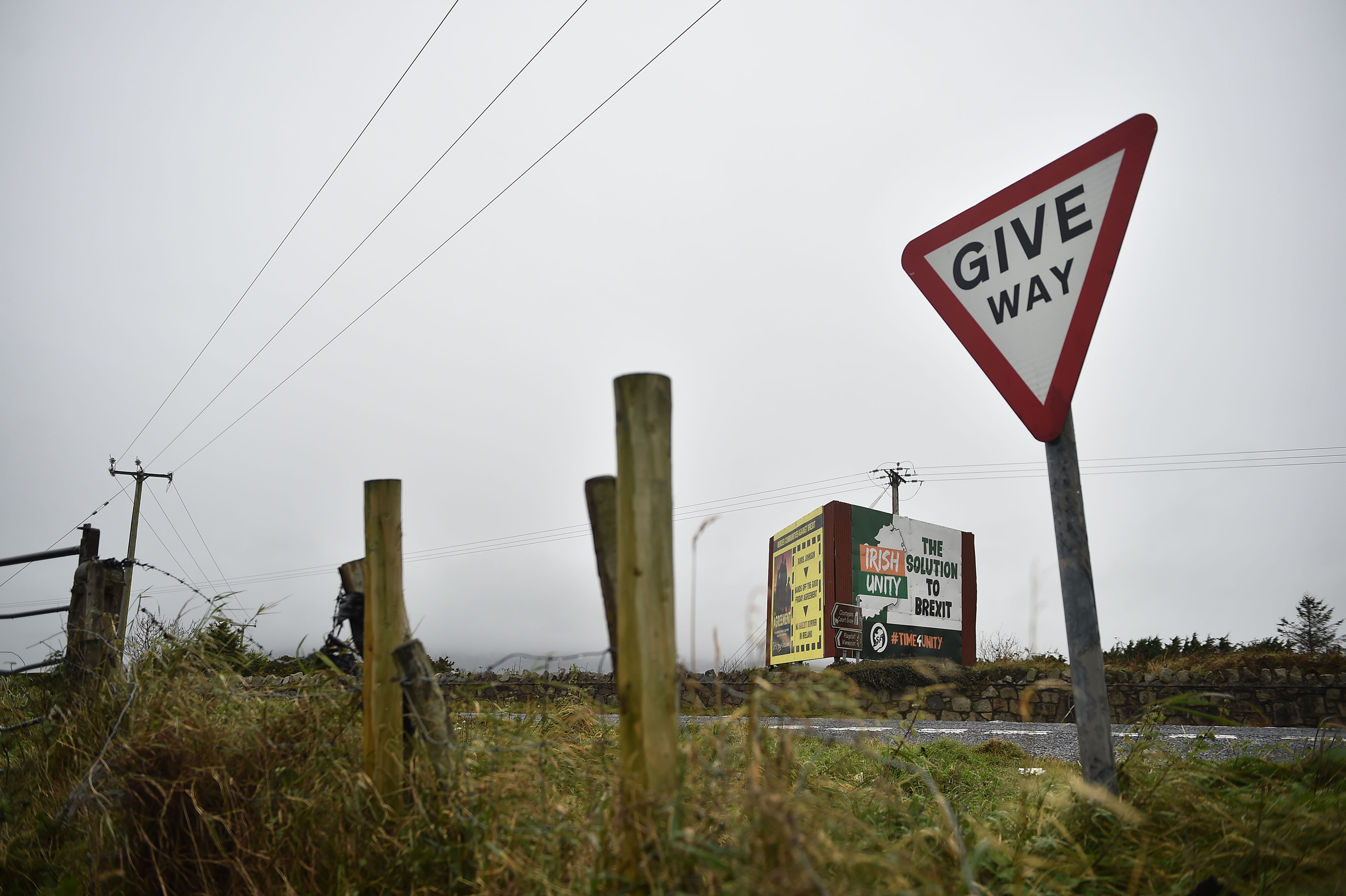 An anti-Brexit billboard on the border in Newry, Northern Ireland.&nbsp;The border has been a consistent source of frustration in the island’s handling of the pandemic.