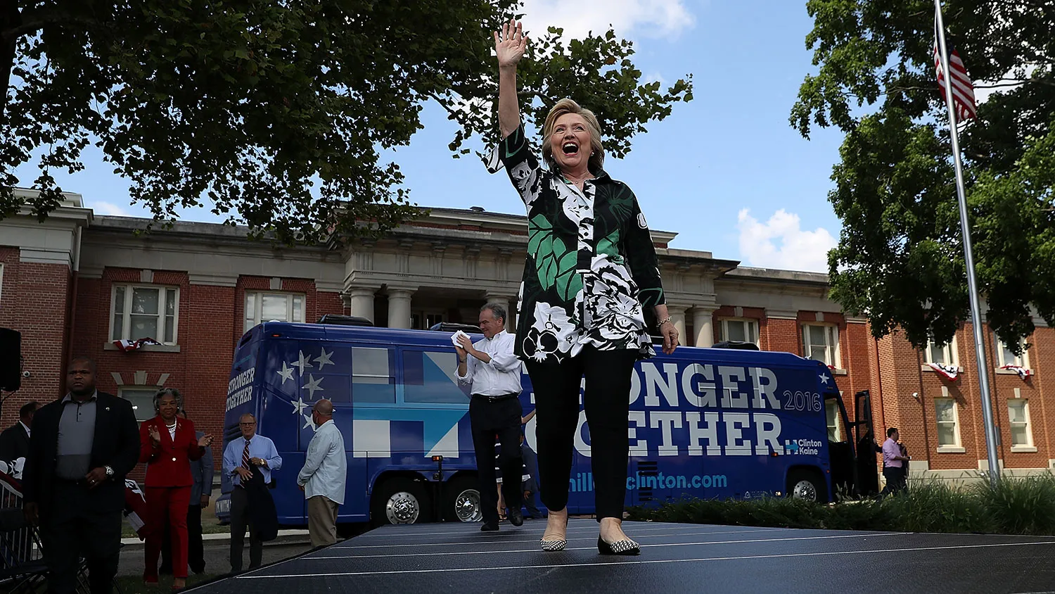 Democratic presidential nominee Hillary Clinton greets supporters during a campaign rally on July 31, 2016, in Columbus, Ohio.
