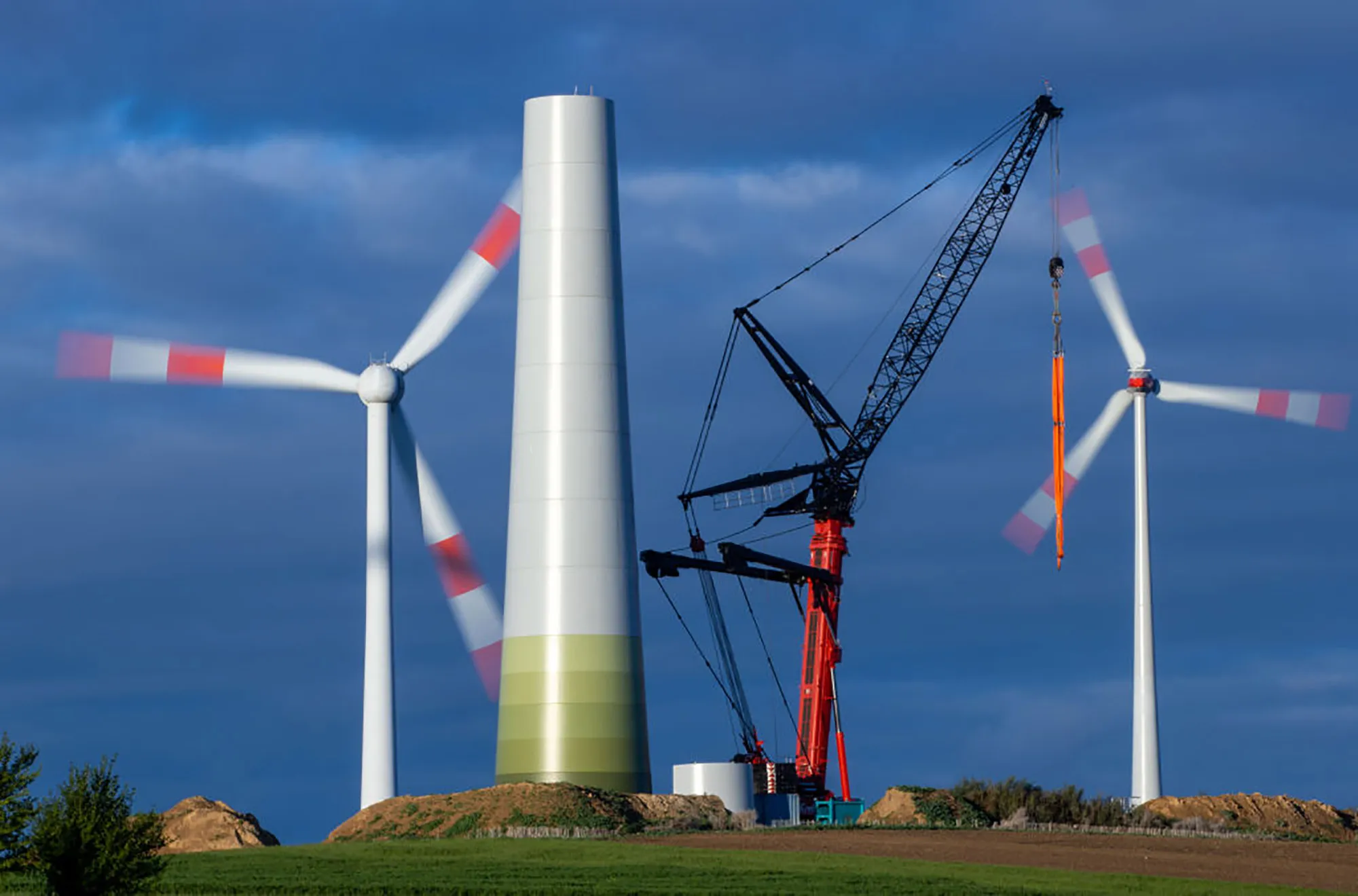 The tower for a new wind turbine erected in an existing wind farm near Wismar, Germany on Sept. 20.