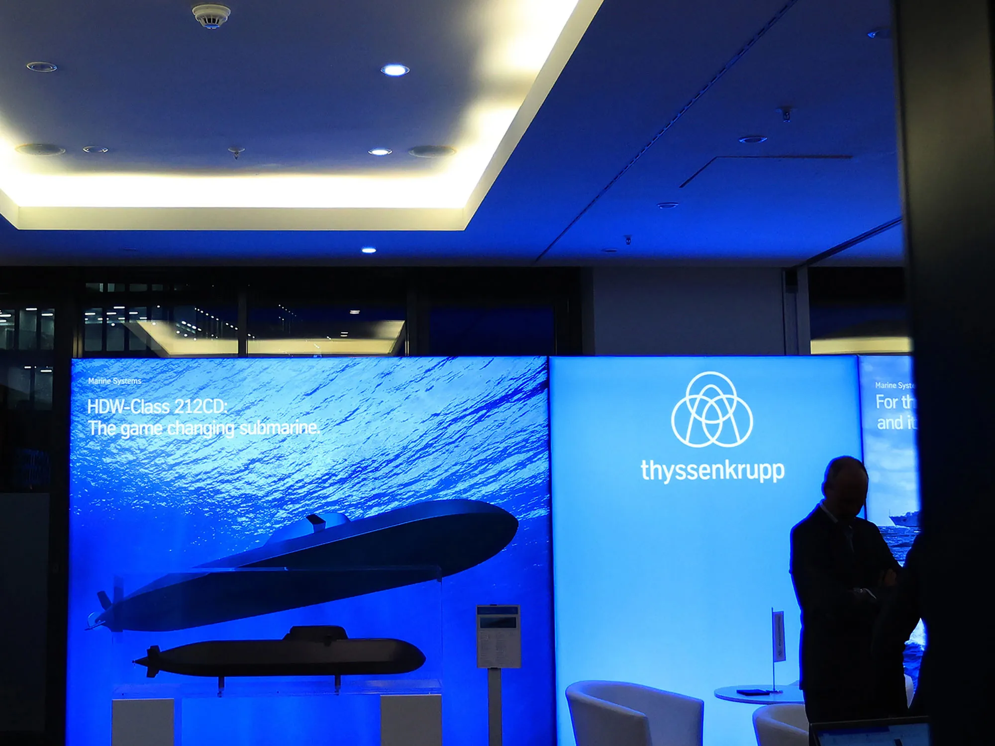 Models of submarines at a Thyssenkrupp Marine Systems exhibit in Berlin in 2022.
