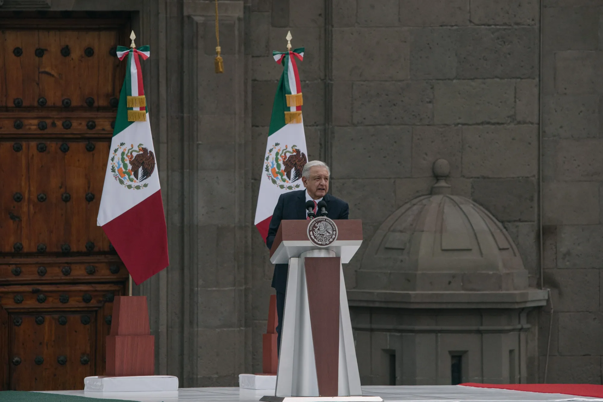 Andres Manuel Lopez Obrador delivers his final State of the Nation address at Zocalo Plaza in Mexico City on Sept. 1. 