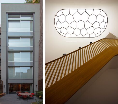 The Van de Weghe Townhouse, a completely renovated historic building on New York’s Upper East Side. Inside, a sweeping five-story staircase and skylight with hexagonal details.