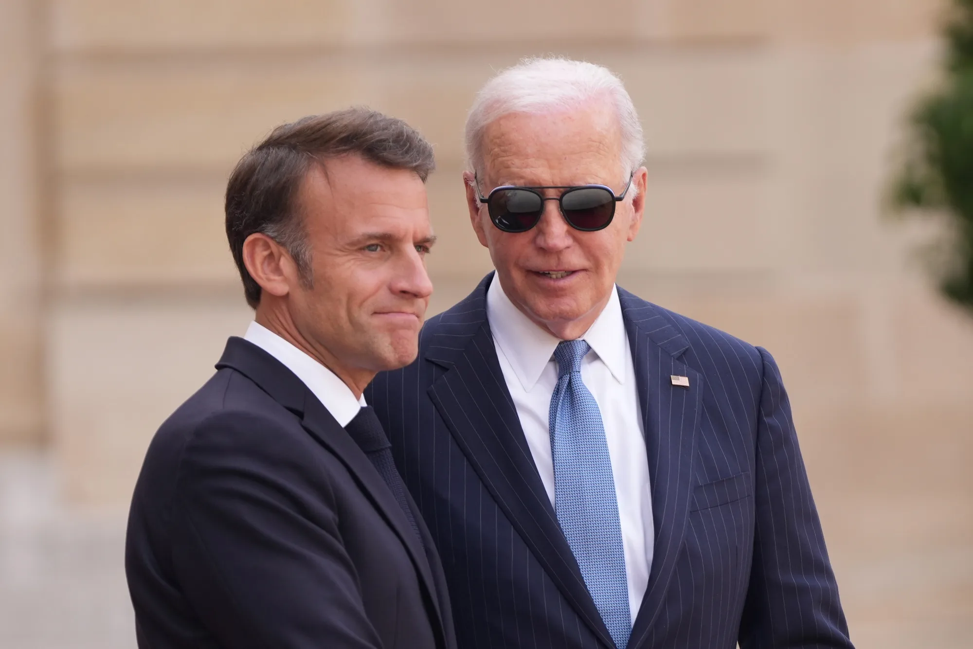 Joe Biden and Emmanuel Macron at the Elysee Palace in Paris, on Saturday.
