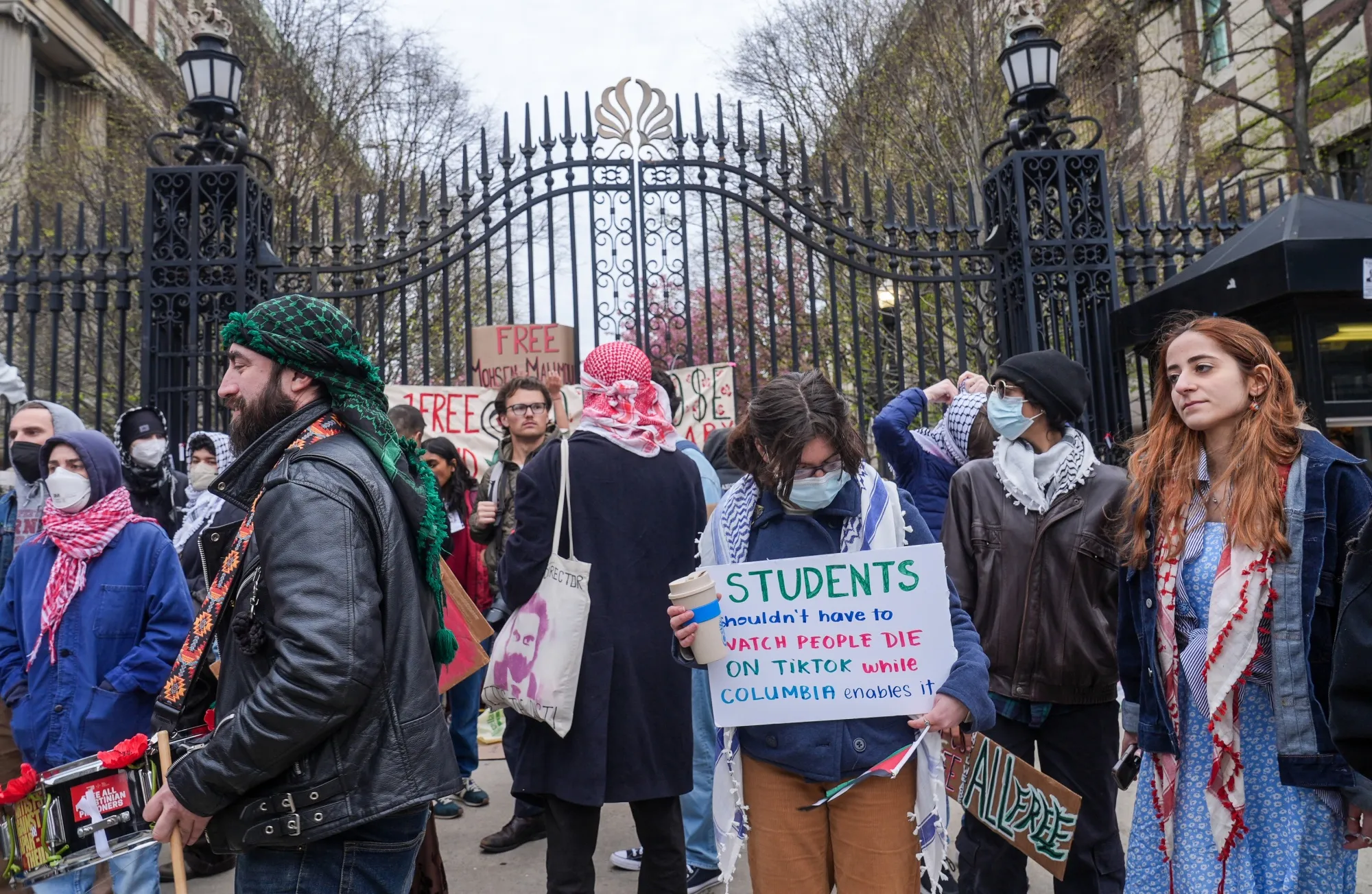 Columbia University students and alumni stage a protest at the main gates on Amsterdam Avenue, demanding the release of Mahmoud Khalil and Mohsen Mahdawi, in New Yor on April 21.