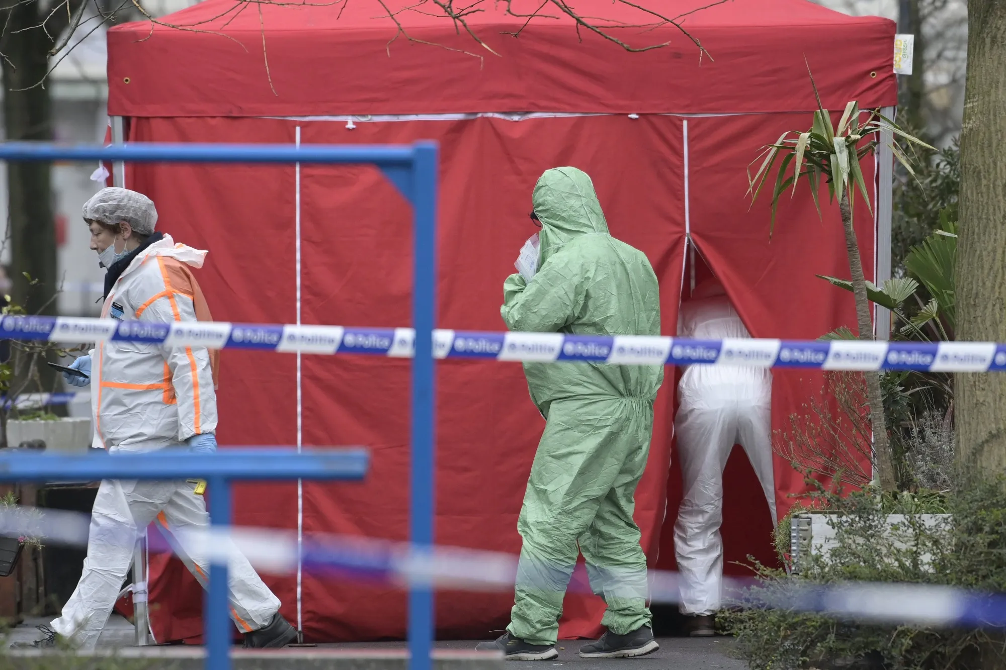 Forensics officers at the scene of a fatal shooting in Brussels on Feb. 14.