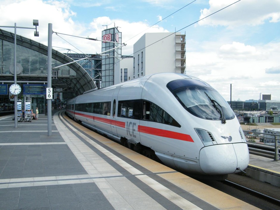 A high-speed train arriving at Berlin's Central Station.