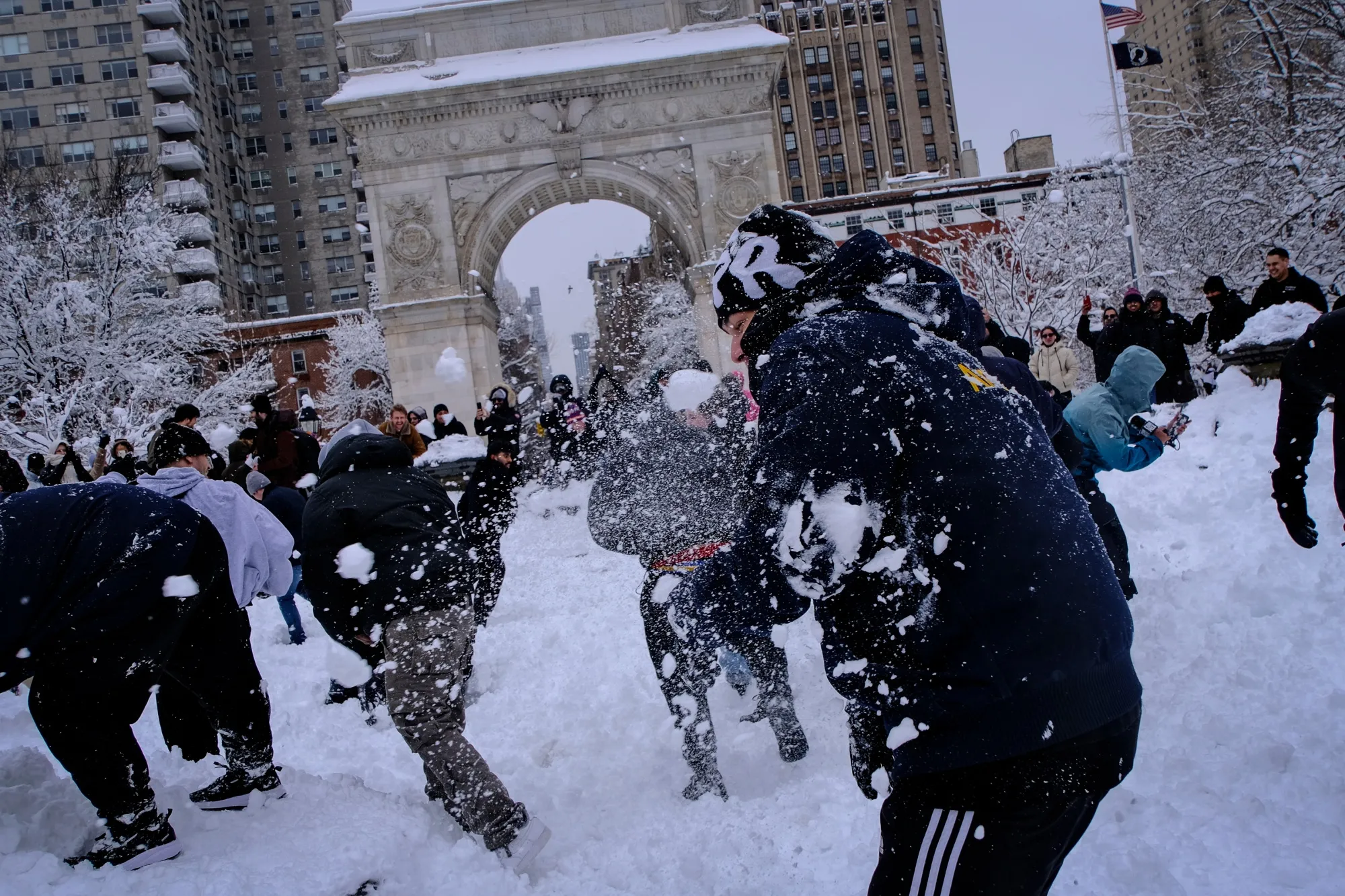 Residents&nbsp;participate&nbsp;in a&nbsp;snowball fight in Washington Square Park in New York on Feb. 23.&nbsp;