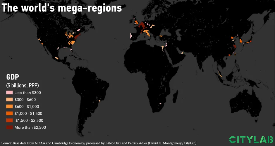 A map of economic mega-regions around the world.
