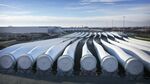 Wind turbine blades stored on the quayside ready for shipping at the Siemens Gamesa blade factory in Hull, northeast England., on January 28, 2022.
