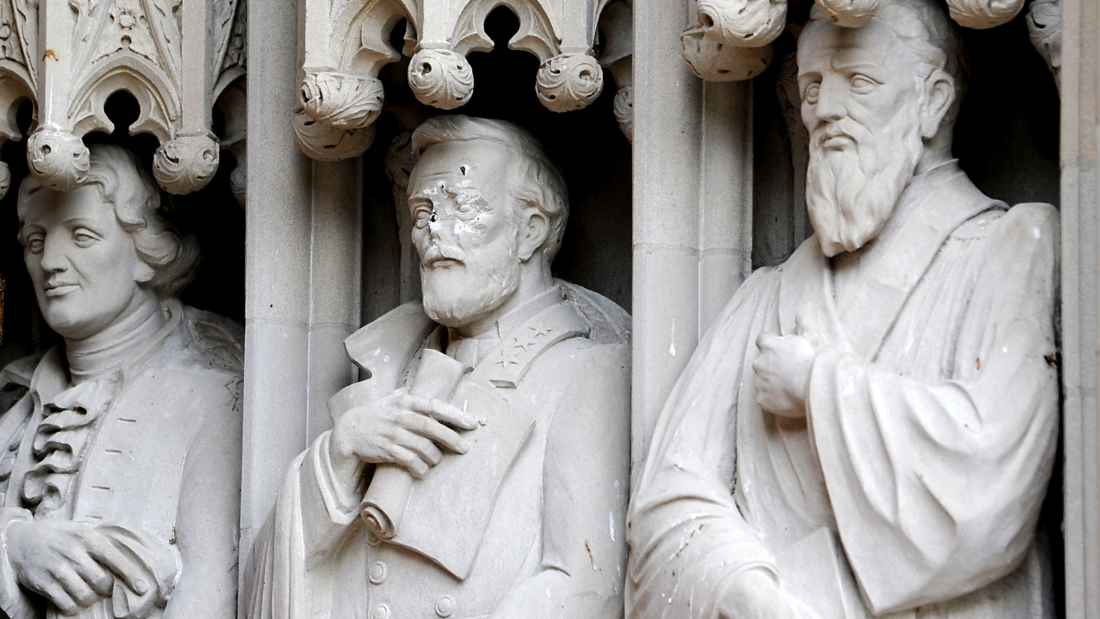 DURHAM, NC - AUGUST 17: A statue on the portal of Duke University Chapel bearing the likeness of Confederate General Robert E. Lee was vandalized on early August 17, 2017 in Durham, North Carolina. The statue is one of 10 historical figures adorning the exterior of the chapel; the group includes significant figures from the American South and the Protestant and Methodist traditions.
