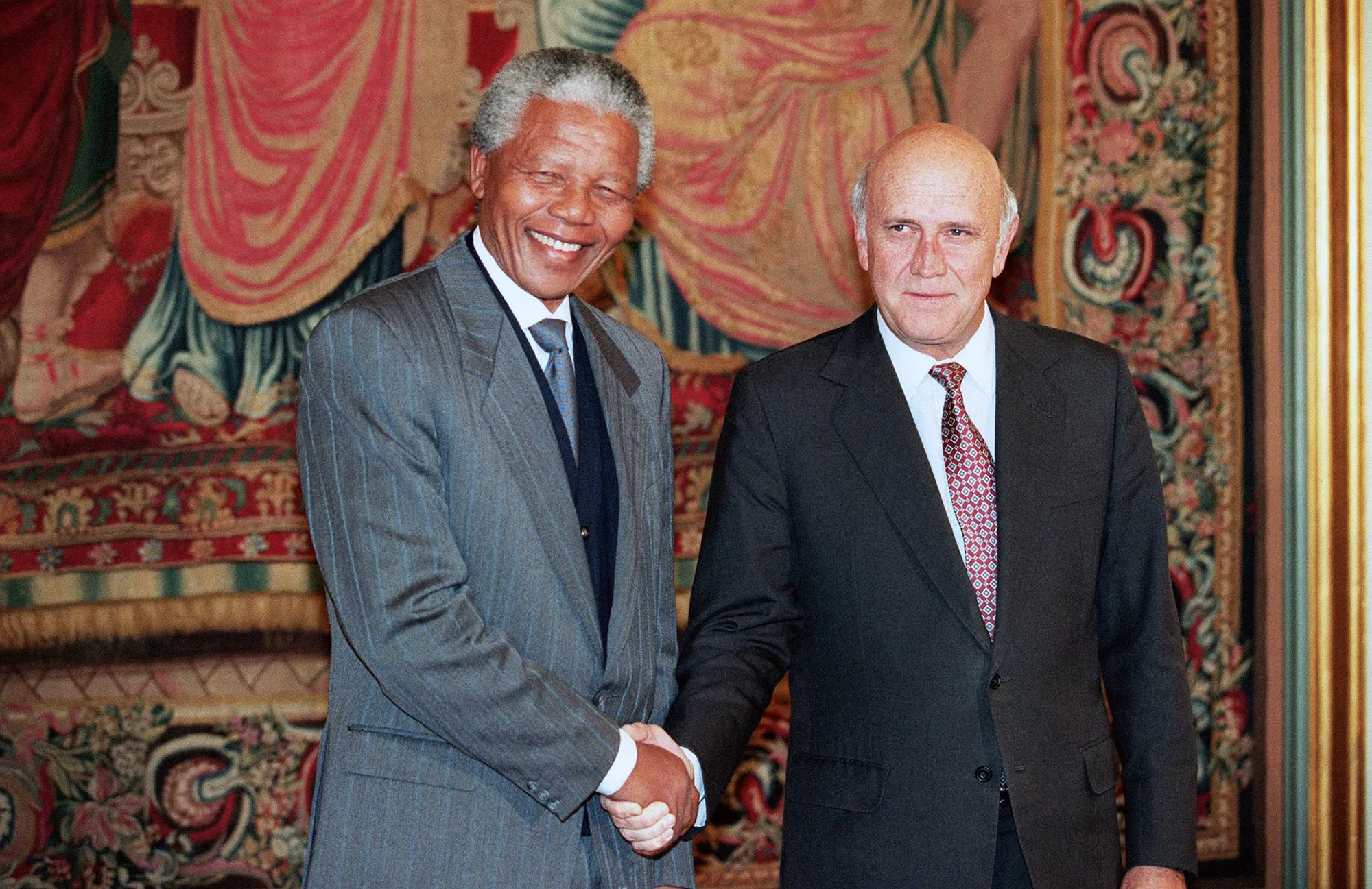 Nelson Mandela and Frederik de Klerk in Oslo after being awarded the Nobel Peace Prizes, 1993.