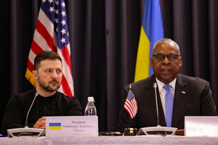 Volodymyr Zelenskiy, left, and Lloyd Austin at Ramstein Air Base, Germany, on Jan. 9.