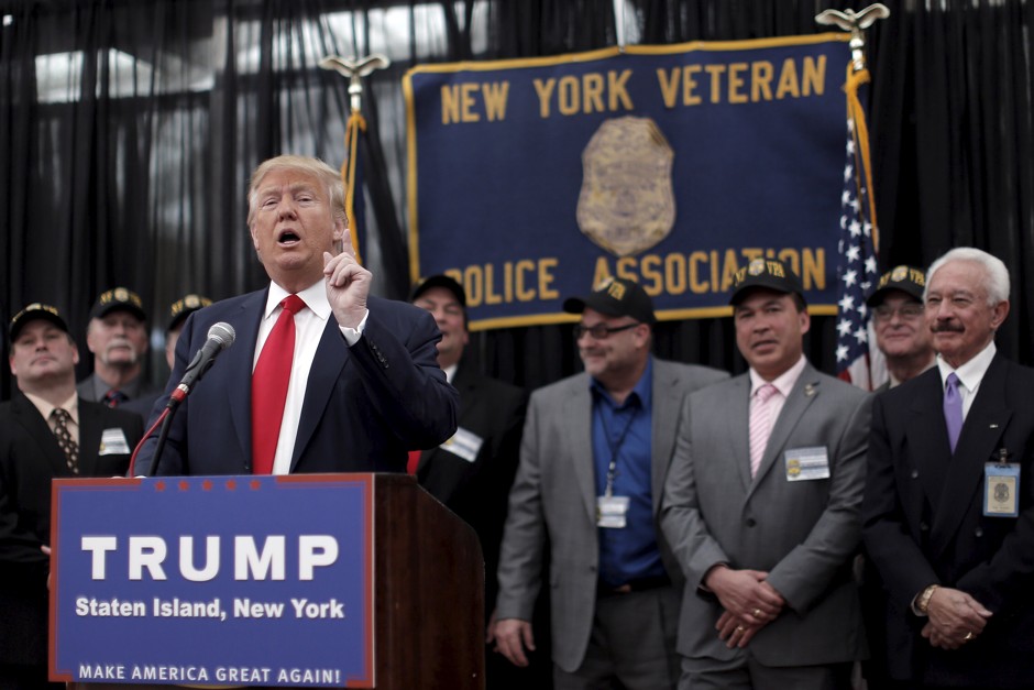 U.S. Republican presidential candidate Donald Trump speaks to the press after receiving an endorsement from the New York Veteran Police Association in the borough of Staten Island in New York City, April 17, 2016. 