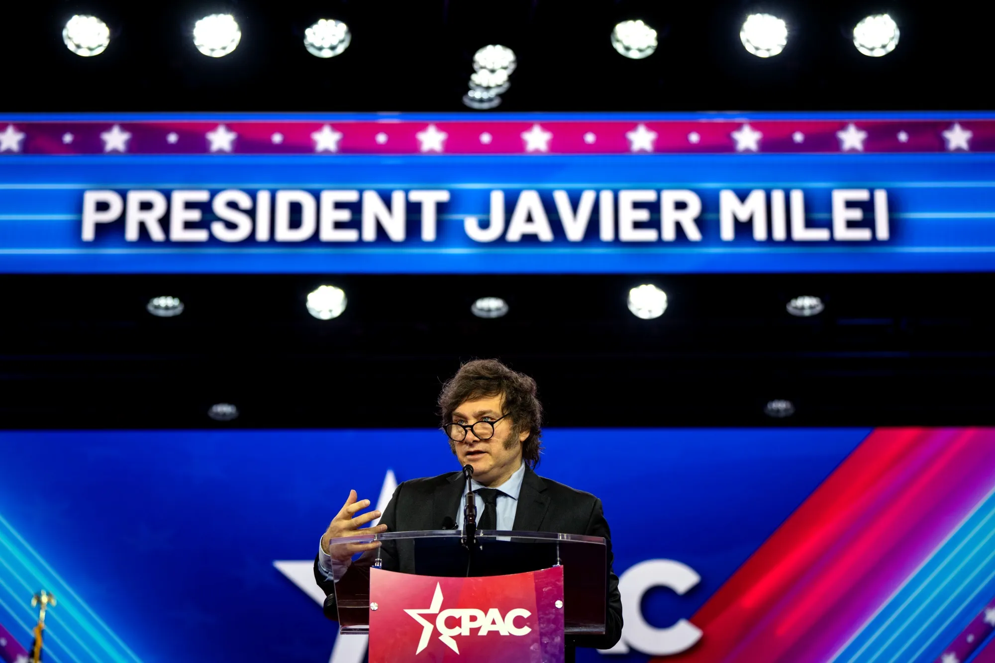 Javier Milei, Argentina’s president, during the Conservative Political Action Conference (CPAC) in National Harbor, Maryland, US, on Saturday, Feb. 24, 2024. 