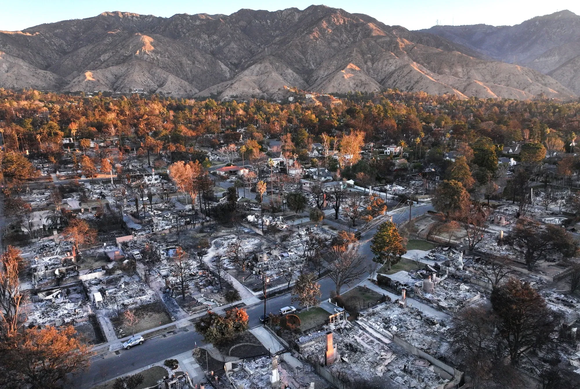 An aerial view of homes that burned in the Eaton Fire in Altadena. 