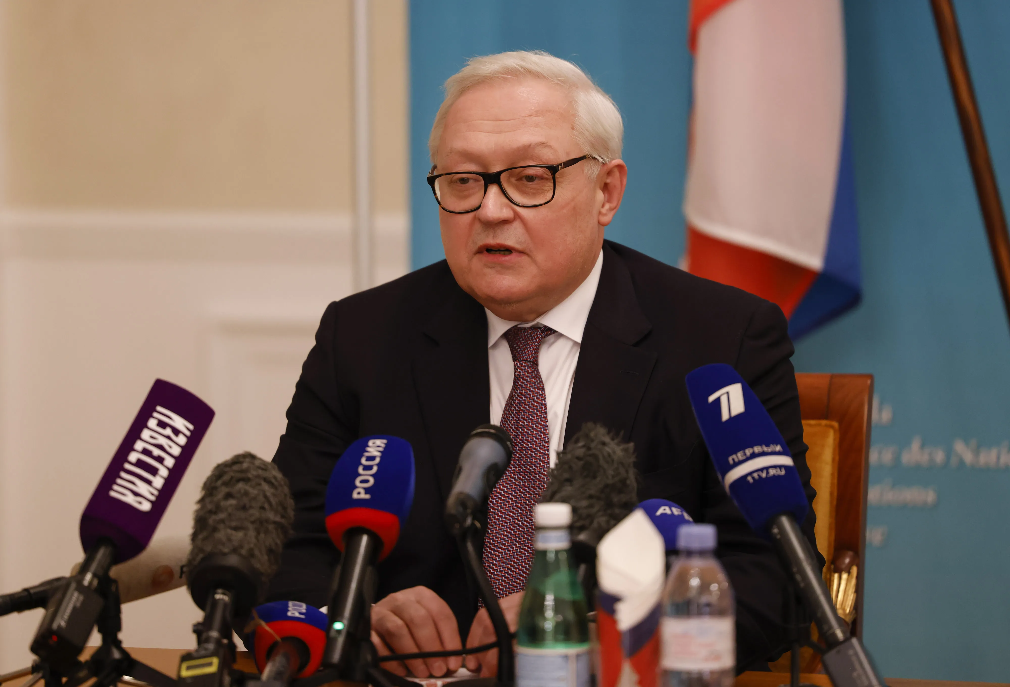 Sergei Ryabkov speaks during a news conference in Geneva, on Jan. 10.