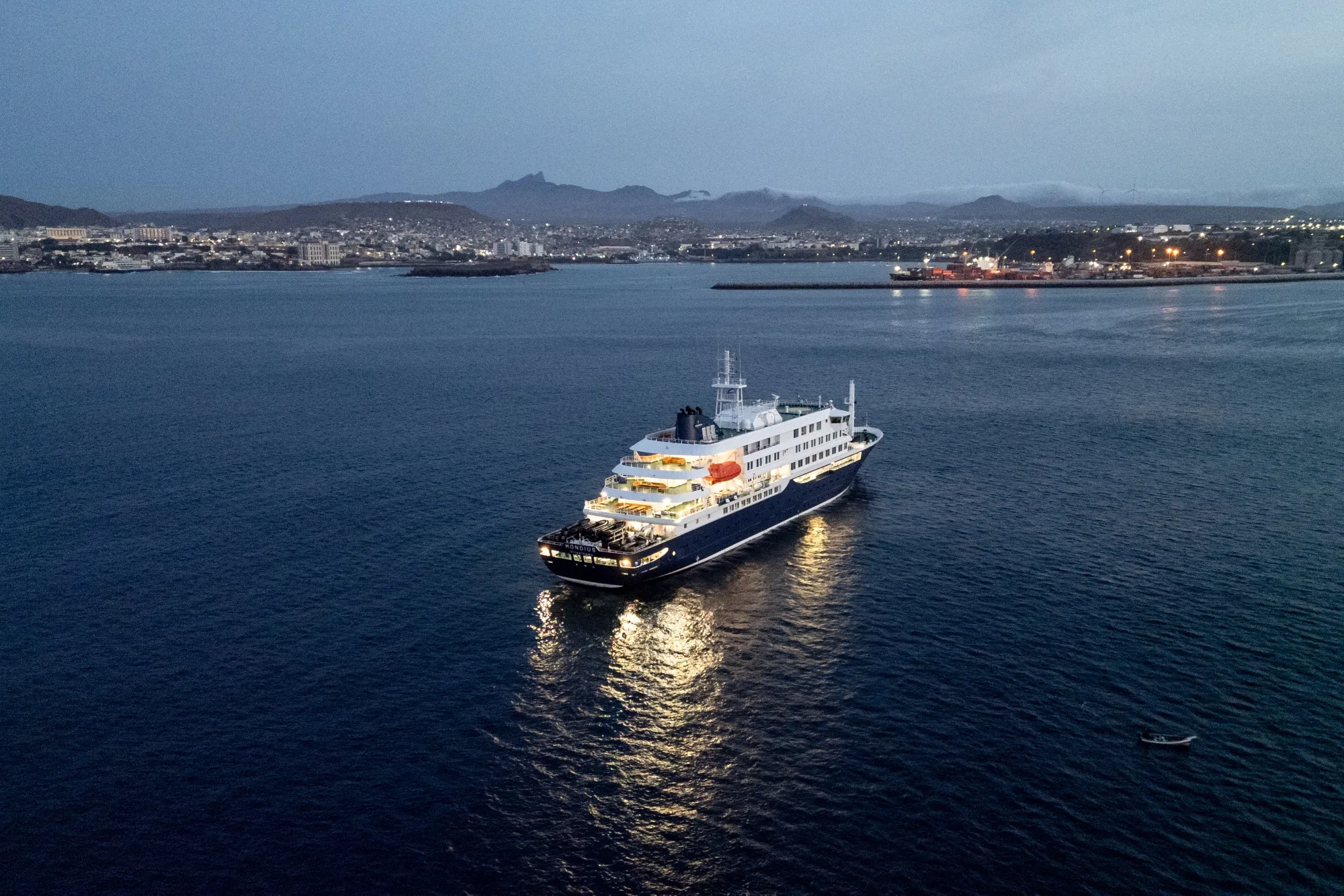 The MV Hondius cruise ship off the port of Praia on May 6.