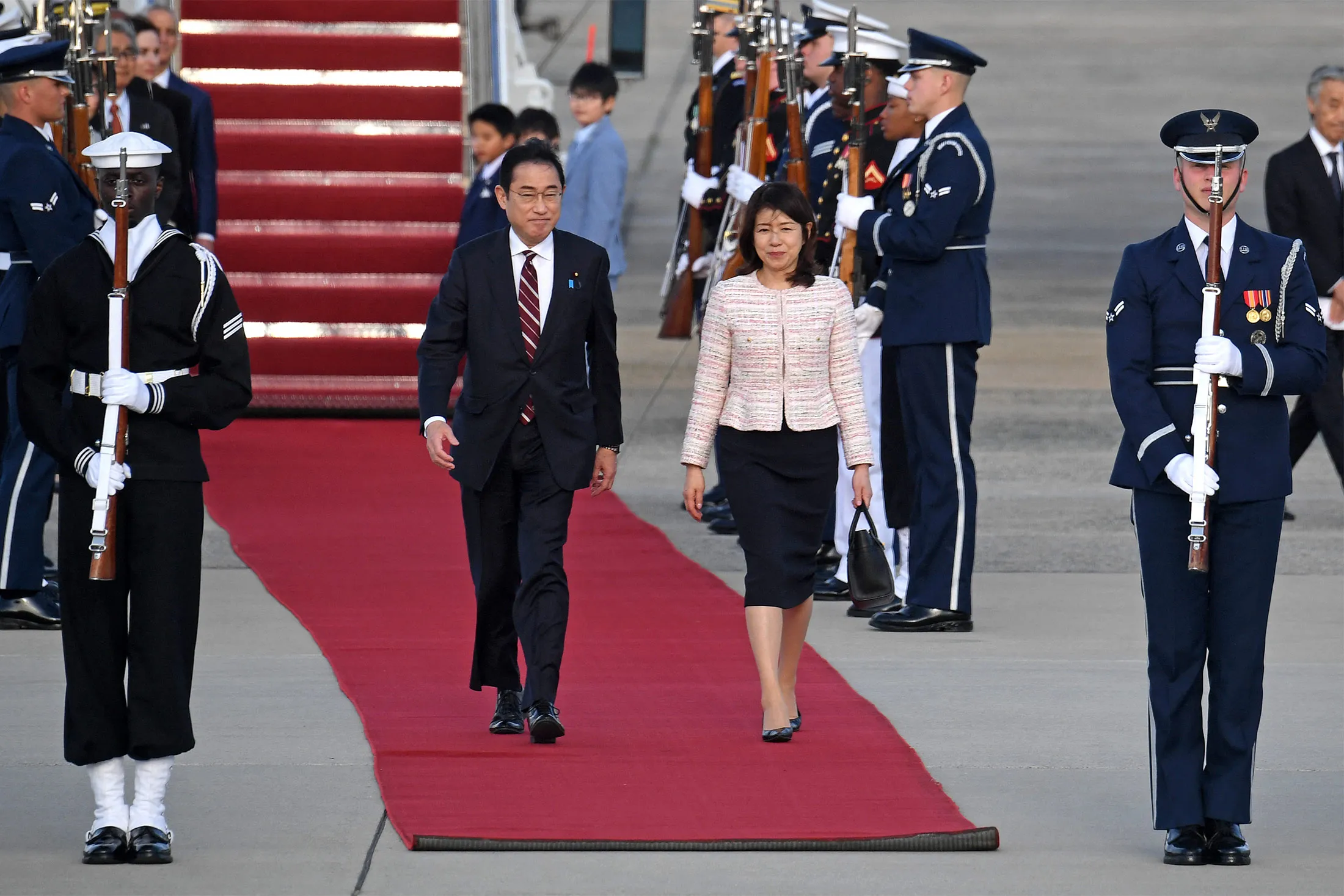 Japanese Prime Minister Fumio Kishida and his spouse Yuko Kishida arrive at Joint Base Andrews in Maryland, on April 8.