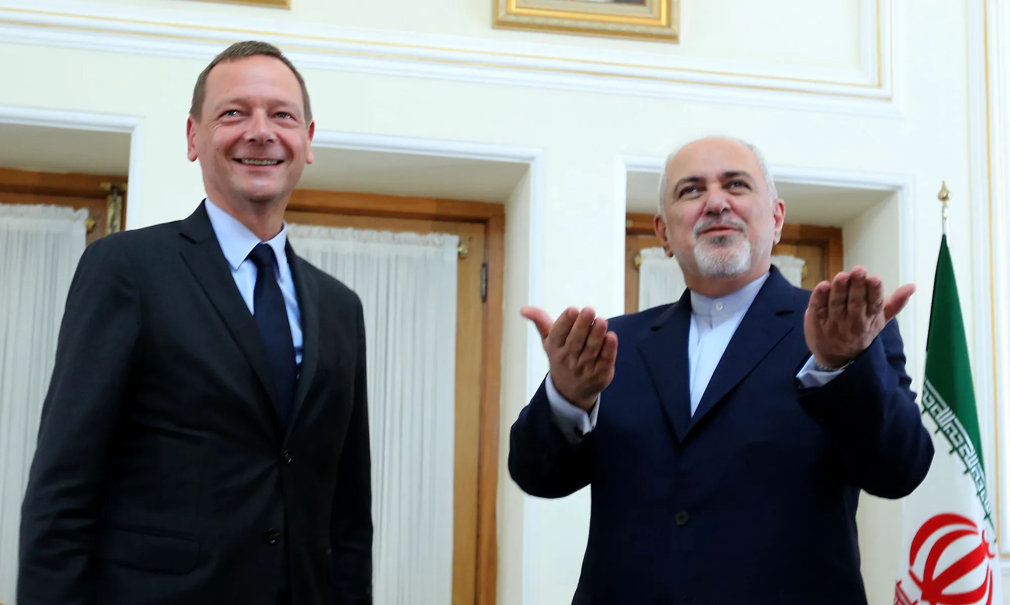 Emmanuel Bonne and Mohammad Javad Zarif in Tehran on July 10.
