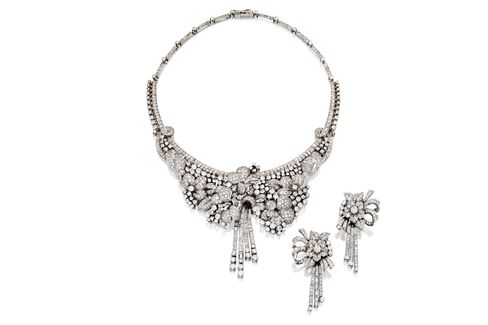 Platinum and Diamond Necklace and Earclips