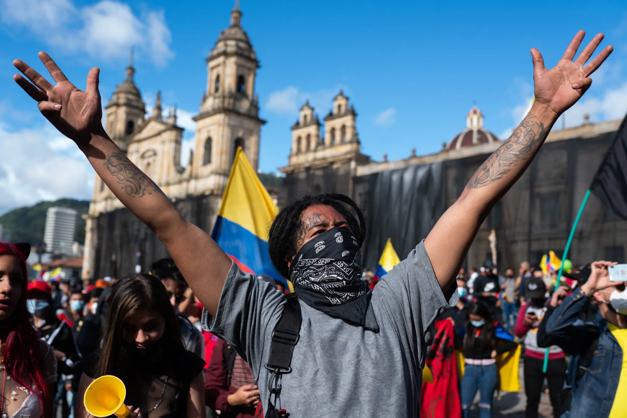 A demonstrator gestures in front of the Congress of the Republic during a protest in Bogota&nbsp;on&nbsp;May 12.