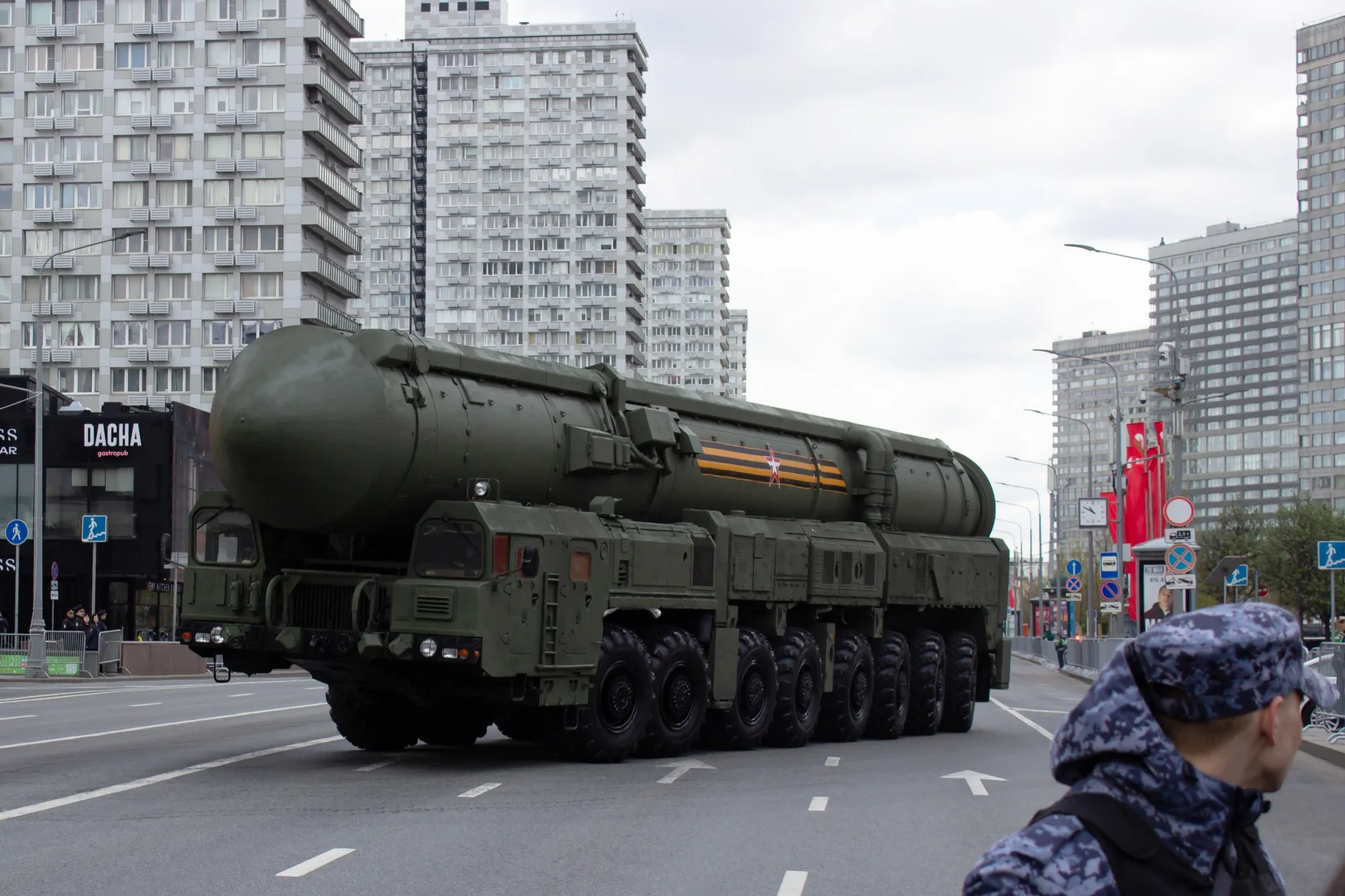 A Russian MIRV-equipped thermonuclear armed intercontinental ballistic missile. during the 2023 rehearsal of the Victory Day parade.