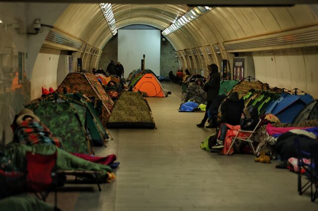 People sleep in tents at the Dorohozhychi metro station during a Russian drone-and-missile strike on Feb. 3 in Kyiv.