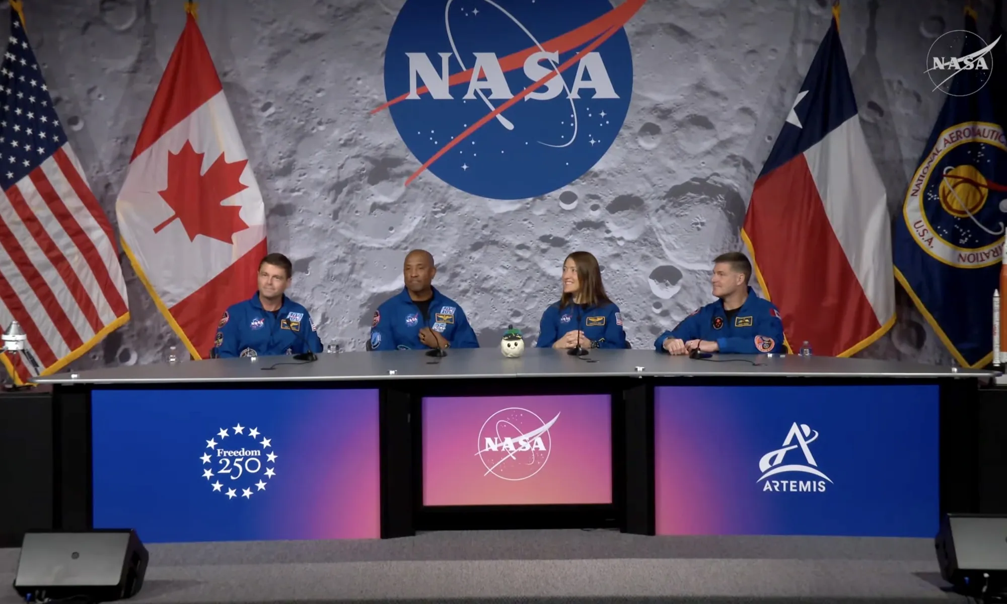Astronauts Reid Wiseman (far left), Victor Glover, Christina Koch and Jeremy Hansen during a news conference on April 16.